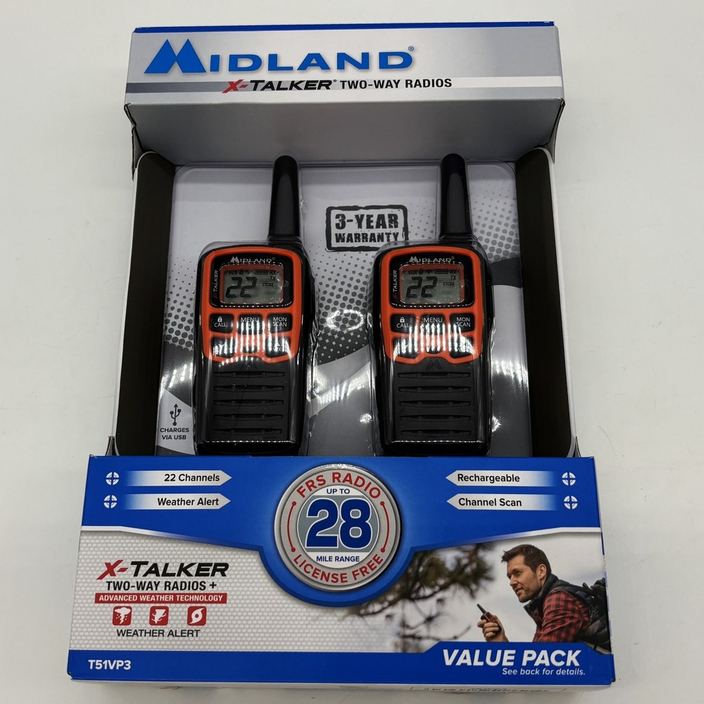 Midland X-Talker T51VP3 Two-Way Radios Black Orange NEW 28 Mile Range FRS Pair